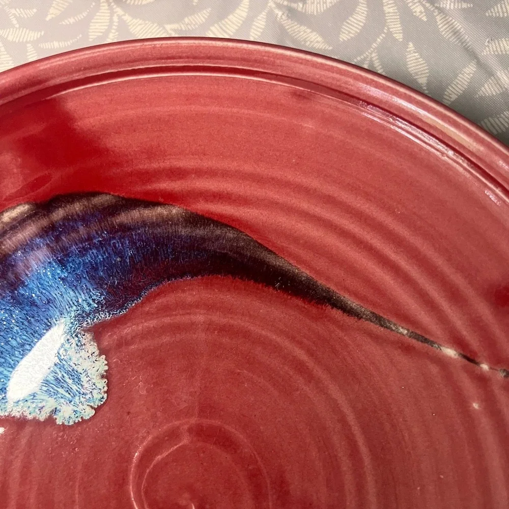 Handmade‎ Studio Pottery Red Glazed Serving Platter with Handles Blue Drip 12